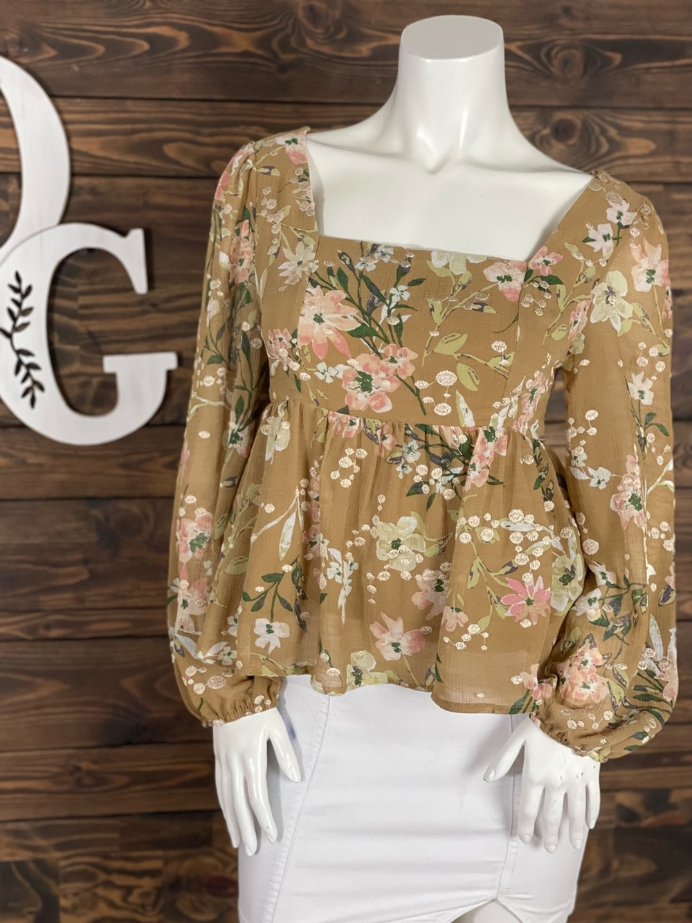 Altar'd State | Floral Square-Neck Babydoll Peplum Blouse Sheer Sleeves Metallic